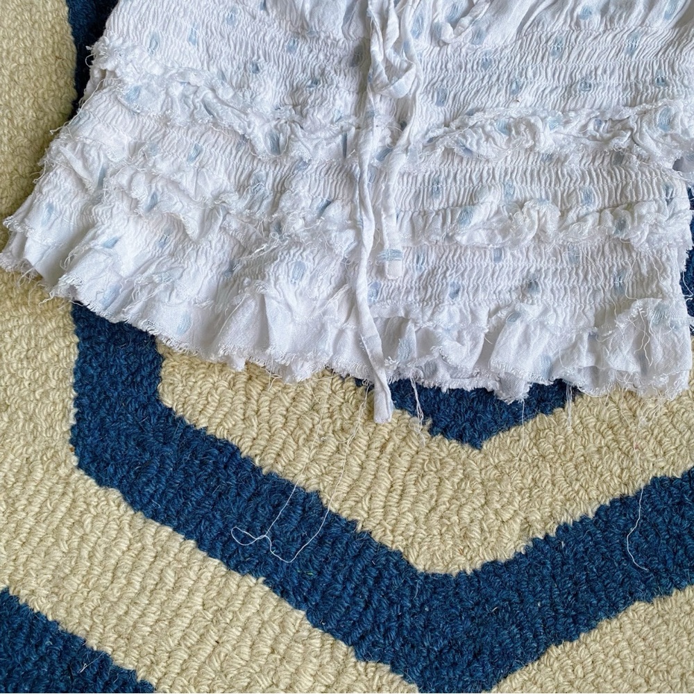 🐚 REBELLION BOHO WHITE BLUE DOTTED STRING LONG SLEEVE LAYERED RAW HEM CROP TOP! - Picture 11 of 12